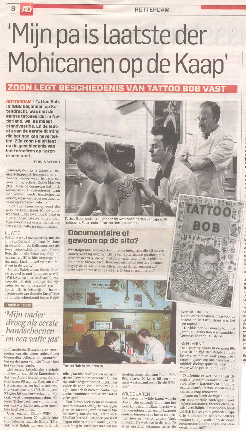 Artikel AD 'Zoon legt geschiedenis van Tattoo Bob vast