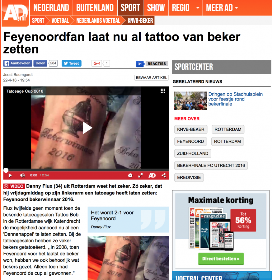 Feyenoordfan laat tattoo van beker zetten